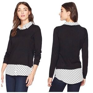 Adrianna Papell Crew Neck Twofer Black & White Polka Dot Sweater Blouse, Size M